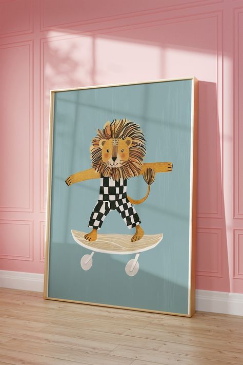 Transform your child's space with this charming  lion animal print, perfect for nursery prints, kids room decor, and playroom wall art. This eclectic and colorful piece of art adds a playful and vibrant touch to any room, making it an ideal addition to your home decor. Crafted with care and attention to detail, this high-quality digital print captures the whimsical essence of the animal kingdom, creating a joyful atmosphere that both children and parents will love. The versatile design ensures it fits seamlessly into any theme, whether it's a modern nursery, a fun playroom, or a cozy kids' bedroom.. High-resolution digital download Vibrant, bold colors that stand out Perfect for nurseries and children's rooms Printable in multiple sizes to fit your space Instant download, no physical produ Colorful Twin Nursery, Nursery Design Colorful, Nursery Wall Art Animals, Art For Kids Rooms, Basement Playroom Decor, Maximalist Office Design, Maximalist Nursery Decor, Cool Boy Nursery, Funky Playroom