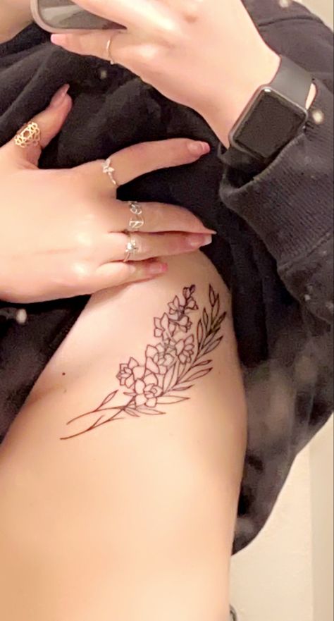 Larkspur Rib Tattoo, Larkspur Flower Tattoo, Delphinium Tattoo, Larkspur Flower Tattoos, Larkspur Tattoo, July Birth Flower, Larkspur Flower, Delphinium Flowers, Underboob Tattoo