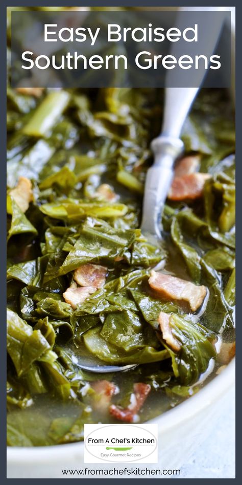 Easy Braised Southern Greens with Bacon in white bowl with serving spoon. Southern Greens Recipe, How To Cook Turnips, Braised Greens, Southern Greens, Chard Recipes, Easy Mediterranean Diet Recipes, Easy Bacon, Vegetable Side Dishes Recipes, Turnip Greens