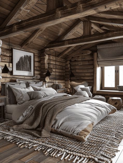 Log Cabin Bedroom: Exposed Wooden Beams and Rustic Accents Cozy Cabin Bedding, Luxury Log Cabin Interior, Lodge Bedroom Ideas, Cabin Bedroom Aesthetic, Log Cabin Room, Cabin Loft Bedroom, Log Cabin Bedroom Ideas, Cabin Bedroom Ideas, Cozy Cabin Bedrooms