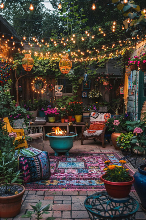 Cheap small garden ideas with a colorful, cozy garden filled with flowers, string lights, and comfortable seating. Small Garden Feature Ideas, Decorating Ideas For Garden, Colourful Courtyard Garden, Rented Garden Ideas, Garden Boho Ideas, Small Garden Yard Ideas, Small Courtyard Garden Ideas Budget, Small Garden Backyard Ideas, Outdoor Nook Ideas Small Spaces