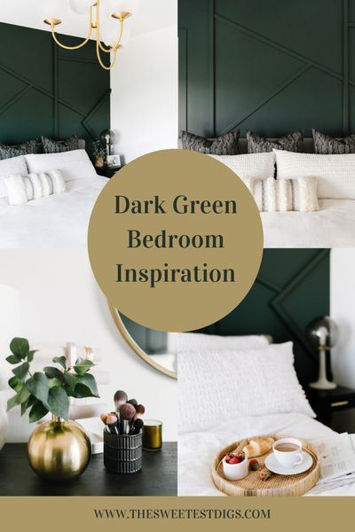 Thinking about doing a dramatic dark green bedroom? This dark bedroom aesthetic has the right touch of accents and color to highlight any minimalist decor. The major focal point in this room is… More All Green Bedroom Walls, Dark Forest Green Paint Colors, Bedroom Decor Forest Green, Dark Green Walls Bedroom Decor, Forest Green Accent Bedroom, Bedroom Decor Master Forest Green, Dramatic Guest Bedroom, Bedroom Design Dark Green, Forest Green Guest Room