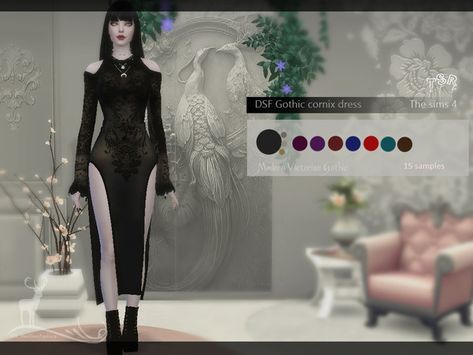 The Sims Resource - Modern Victorian Gothic_ Gothic cornix dress - Download Sims 4 Cc Goth, Los Sims 4 Mods, Vampire Dress, Cc Mods, Pelo Sims, The Sims 4 Packs, Sims 4 Game Mods, Sims 4 Body Mods, Sims 4 Dresses