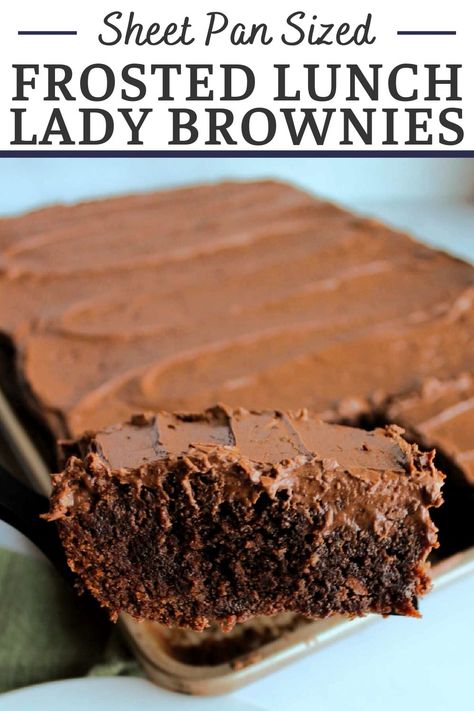 Make a giant sheet pan filled with frosted lunch lady brownies for a chocolaty treat big enough to feed a crowd. They are easy to make the chocolate icing takes them to the next level of delicious. Cookies For A Crowd Sheet Pan, School Brownies With Icing, Brownies For A Bunch, Sheet Cake Brownies With Frosting, Half Sheet Brownies, School Lunch Brownies, Lunch Lady Sheet Cake, Bar Cookie Recipes For A Crowd Sheet Pan, Big Batch Brownies Sheet Pan