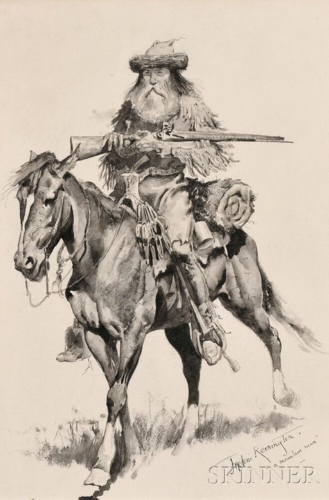 Frederic Remington (American, 1861-1909) A Mountain Man | Sale Number 2655B, Lot Number 396 | Skinner Auctioneers Mountain Man Rendezvous, Frederic Remington, Western Artwork, The Oregon Trail, Fur Trade, Wilde Westen, Into The West, Western Artist, The Lone Ranger