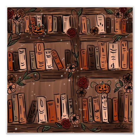 Floral Halloween bookshelf artwork Bookcase Painting Canvas, Spooky Bookshelf Painting, Painting Of Bookshelf, Autumn Bookshelf, Dragon Library, Bookshelf Artwork, Floral Bookshelf, Bookshelf Painting, Bookshelf Drawing