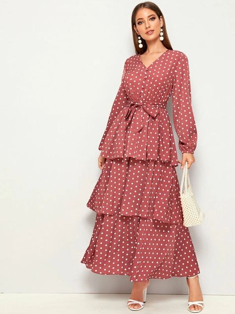 Polka Dress Outfit, Porcelain Print Dress, Tiered Dresses, Muslim Fashion Dress, Muslim Fashion Outfits, Muslimah Fashion Outfits, Fancy Dress Design, Tea Length Dresses, Polka Dress