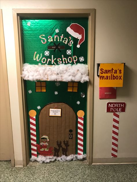 Christmas Decor Ideas For Medical Office, Crismas Door Decoration, Santa’s Work Shop Door Decor, Christmas Decorations Themes Ideas, Christmas Door Themes For Work, Creative Door Decorating Contest, Santas Workshop Classroom Door Ideas, Santa’s Workshop Door Contest, Santa’s Workshop Classroom Door