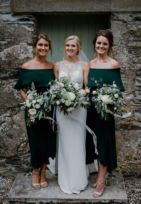 Becca and Mike’s White, Gold and Green Geometric Cornish Wedding by Alexa Poppe#bridesmaids #greenwedding Off Shoulder Bridesmaid, Cornish Wedding, Emerald Green Bridesmaid Dresses, Off Shoulder Bridesmaid Dress, Emerald Bridesmaid Dresses, Emerald Green Weddings, Simple Bridesmaid Dresses, Gold Bridesmaid Dresses, Emerald Wedding