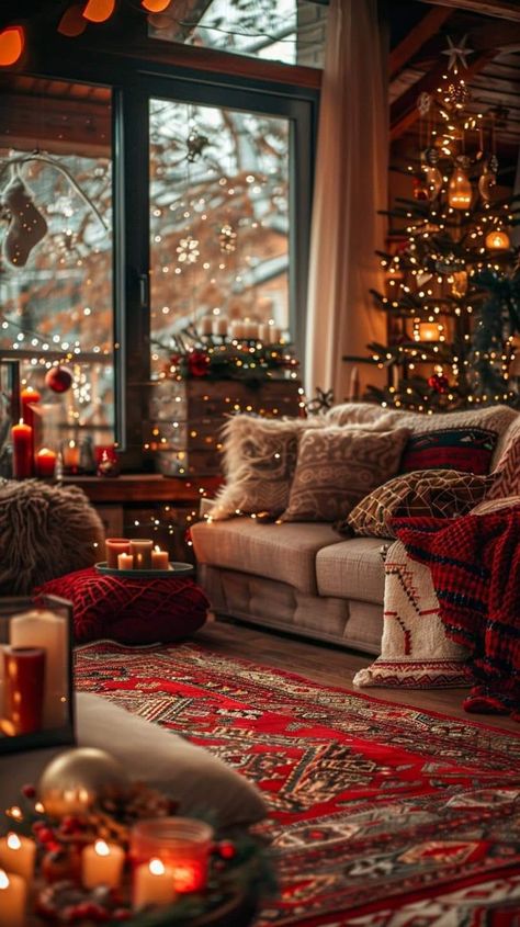 Facebook Christmas Cosy Aesthetic, Vintage Red Christmas Decor, Christmas Cozy Wallpaper, Cosy Christmas Living Room, Sacred Aesthetic, Aesthetic Christmas Decor Bedroom, Cosy Christmas Aesthetic, Widgets Christmas, Cozy Christmas Room