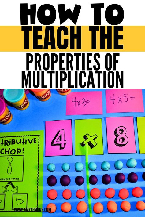 Ready your lesson plans for teaching properties of multiplication with these creative properties of multiplication activities! Learning the properties of multiplication is an essential foundation for multiplication readiness. Inside you'll find hands-on multiplication properties activities that use games and fun manipulatives to teach commutative, associative, distributive, and properties of one and zero with a freebie! Multiplication Teaching Ideas, Associative Property Of Multiplication 3rd Grade, Communitive Property Multiplication, Multiplication Properties 3rd Grade, Distributive Property Of Multiplication 3rd Grade, Multiplication Properties Anchor Chart, Multiplication Activity For Grade 2, Multiplication Manipulatives, Multiplication Properties Activity