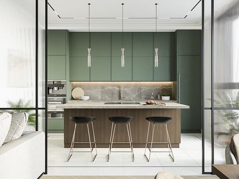 Designer: Andrey Kabanov. Like the pastel green hue for the cabinets, marble back splash, and the light & linear bar stools. The screen doors separate the space but keep it visually open and continuous. Kitchen Lighting Design, Dark Living Rooms, American Kitchen, Kitchen Showroom, 아파트 인테리어, Kitchen Models, Kitchen Lighting Fixtures, Kitchen Room Design, Green Kitchen