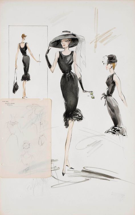 Edith Head Sketches, Edith Head Designs, Edith Head Fashion, Monday Morning Inspiration, Audrey Hepburn Breakfast At Tiffanys, Head Sketch, Edith Head, Hollywood Costume, Fashion Illustration Vintage