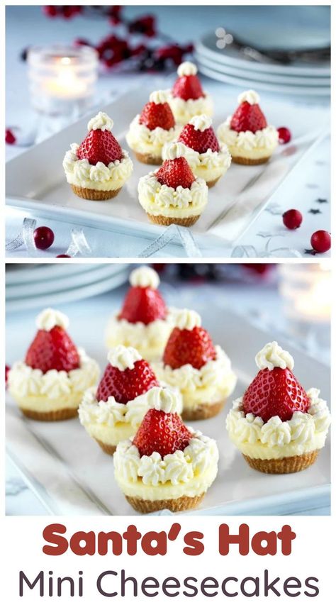 These Santa Hat Cheesecakes are a perfect mini dessert idea for the Christmas party table. No bake Cheesecake recipe with strawberries for Santa's Hat. Kids will love these! Such a cute quick and easy Christmas recipe idea for all the family. Click the Pin for the full recipe step by step Mini Christmas Desserts, Christmas Themed Desserts, Christmas Cheesecake, Christmas Buffet, Themed Desserts, Easy No Bake, Easy No Bake Desserts, Easy Cheesecake, Christmas Food Desserts