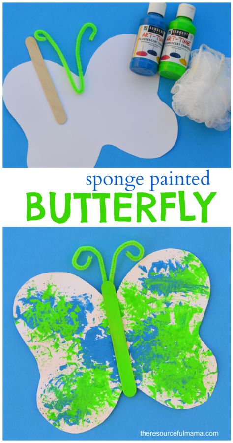 Loofah sponge painted butterfly craft for kids. Free printable butterfly template. Great spring or summer craft for kids. Butterfly Craft For Kids, 2023 Crafts, March Crafts, April Crafts, Insect Crafts, Butterfly Craft, Aktiviti Kanak-kanak, Painted Butterfly, Bug Crafts