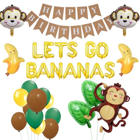 PRICES MAY VARY. What You’ll Get: LETS GO BANANAS letter balloons, happy birthday banner, 2 banana balloons, 2 monkey head balloons, 1 big monkey foil balloons, 2 green leaves balloons, 11 latex balloons. Size: The LETS GO BANANAS letter balloons are 16inch. The banana balloons are 27inch. The monkey head balloons are 13inch. The big monkey foil balloon is 30inch. The green leaves balloons are 21inch. The latex balloons are 10inch. We provide a straw for you to blow up the letter balloons, 2 rol 1st Birthday Monkey Theme, Monkey Banana Birthday Party, Go Bananas Birthday, Monkey Themed Birthday Party, Jungle Birthday Decorations, Tropical Birthday Decorations, Jungle Birthday Party Decorations, Banana Birthday, Monkey Party Ideas