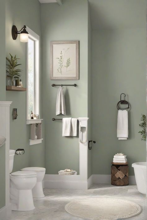 Explore the soothing Sagebrush Green Escape (BM 2141-30) in this 2024 Bathroom Harmony design routine. Find natural harmony in your daily interior designer routine. #Ad #homedecor #homedesign #bathroom #Painthome interiorarchitecture best Wall Colors for Bathroom Colors Bright Room Colors best colors combinations bathroom bathroom Remodeling Modern Paint Colors 2024 Save Green Bathroom, Bathroom Ideas Paint Walls, Small Bathroom Green Paint, Green Paint Bathroom Ideas, Bathroom Paint Ideas For Small Bathrooms, Bathroom Color Schemes Green, Sage Green And Wood Bathroom, Neutral Green Bathroom, Sage Green And White Bathroom