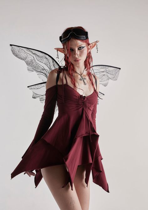 and fairies only. This mini dress comes with off the shoulder sleeves, spaghetti straps with tie closures, ruching at the chest with a tie closure, and a handkerchief detail, hem, and cuffs. Fallen Fairy Costume, Red Fairy Outfit, Red Fairy Costume, Fire Fairy Costume, Fey Fashion, Handkerchief Dress Pattern, Fairies Halloween, Fairy Costume Halloween, Fae Costume