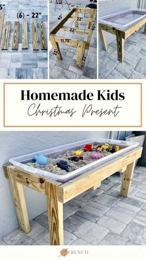 Small Space Outdoor Play Area, Outdoor Sensory Table Ideas, Cool Diy Wood Projects, Easy Diy Pallet Projects, Backyard Toddler Play Area, Sandbox Cover Diy, Toddler Outside Play Area, Diy Train Table, Sandbox Table