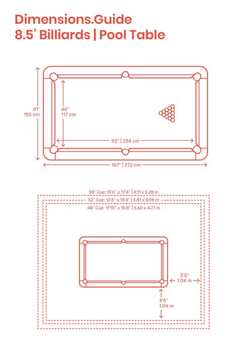 8.5’ Billiards | Pool Tables are oversized ‘professional’ tables sized to provide a greater challenge for players. 8.5’ Tables have playing surfaces measuring 92” | 234 cm cm in length, a width of 46” | 117 cm, and have beds set at 29 1/4”-31” | 74.3-78.7 cm from the floor. Downloads online #billiards #pool #pooltables #sports #cue Small Pool Table, Pool Table Dimensions, Pool Room Ideas, Diy Pool Table, Billard Table, Pool Table Sizes, Billiards Bar, Pool Table Games, Custom Pool Tables