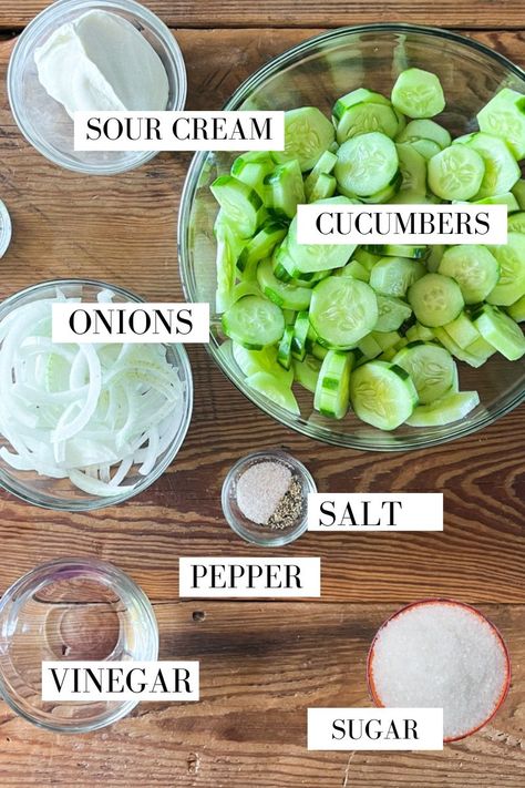 Cucumber Salad (cucumbers onion vinegar sugar recipe) - Ninnescah Made Cucumber And Onion Salad Vinegar Sugar, Cucumber Salad Sour Cream, Cucumber Onion Vinegar, Ninnescah Homestead, Creamed Cucumber Salad, Onion Vinegar, Sour Cream Dressing, Cucumber Onion Salad, Cucumber Salad Vinegar