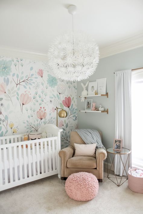 This floral baby girl nursery has been so popular! We love this pretty wallpaper and the soft muted colors.   #projectnursery #floralnursery #wallpaper #nursery Nursery Design Girl, Baby Nursery Inspiration, Whimsical Nursery, Girl Nursery Room, Bedroom Wallpaper, Nursery Baby Room, غرفة ملابس, Project Nursery