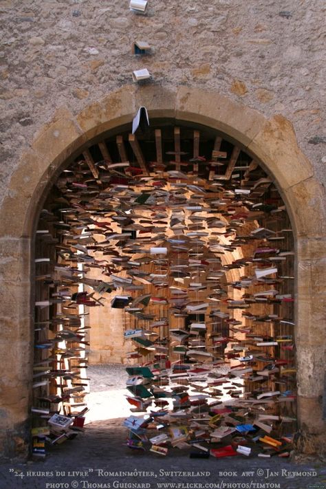 Installation Art © Jay REYMOND (Artist, Switzerland). Photo ©Thomas GUIGNARD via flickr. "24 heures du livre," 2007 Book Festival, Romainmôtier, Switzerland. Medieval Arch. Suspended Books ... The law requires you to credit the artist. Link directly to artist's website. HOW TO FIND the ORIGINAL WEB SITE of an image: http://pinterest.com/pin/86975836525507659/ PINTEREST on COPYRIGHT: http://pinterest.com/pin/86975836526856889/ The Golden Rule: http://www.pinterest.com/pin/86975836527744374/ Book Arch, Book Installation, Poesia Visual, Book Sculpture, Have Inspiration, Books Art, Wow Art, Sculpture Installation, Book Nooks