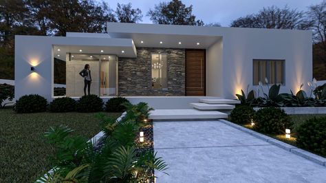 One Floor House Design Modern, White Bedroom Design Ideas, Bedroom Paint Ideas, Home Decor Plants, Modern Bungalow House Design, Plants Home Decor, Small Modern House Plans, Flat Roof House, White Bedroom Design