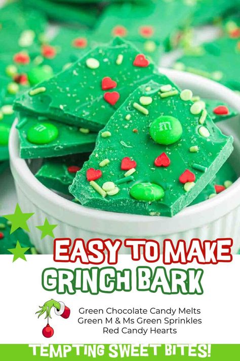 Homemade Grinch Bark Recipe is so much fun to make during the holiday season. With only 4 ingredients, this festive treat is the perfect snack. Satisfy your sweet tooth and make this super easy Grinch Chocolate Bark recipe. The vibrant green with sprinkles make this Christmas bark so festive. #dessertsonadime #grinchbark #grinchdessertrecipe Grinch Bark, Grinch Chocolate, Christmas Bark Recipes, Christmas Bark, Chocolate Bark Recipe, Chocolate Candy Melts, Bark Recipe, Chocolate Bark, Festive Treats