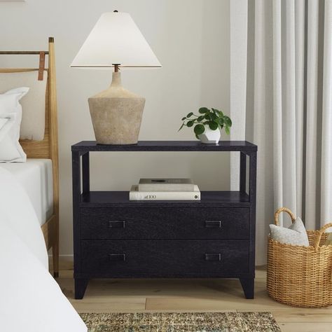 Handmade Wood 2-Drawer Side Table With Open Shelf by East at Main - Bed Bath & Beyond - 36044216 Black Nightstand Bedroom, Transitional Bed, Black Nightstand, Oak Bedroom, Wooden Side Table, 2 Drawer Nightstand, Wood Nightstand, Bedroom Night Stands, House Room