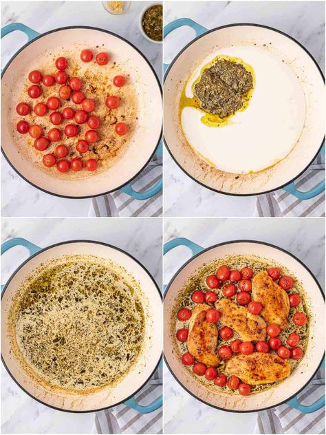 Step by step process for making pesto cream chicken. Pesto Cream Chicken, Pesto Chicken Recipe, Pesto Cream Sauce, Making Pesto, Creamy Pesto Chicken, Chicken Margherita, Chicken Pesto Recipes, Caprese Salad Recipe, Cream Chicken