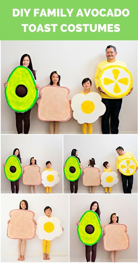 DIY Family Avocado Toast Costumes. Get the DIY to make these cute avocado, toast, egg, and lemon costumes. Cute siblings costumes or maternity pregnancy costume (Avocado). Siblings Costumes, Toast Costume, Cute Siblings, Avocado Costume, Toast Egg, Egg Costume, Sibling Costume, Kids Holidays, Avocado Toast Egg