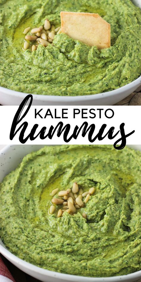 Kale Hummus, Kale Snacks, Pesto Ingredients, Kale Pesto Recipe, Greens Recipes, Pesto Hummus, Vegan Dips, Garlic Hummus, Kale Pesto