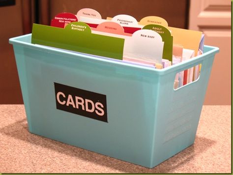 Card organizer. I like to pick up cards here and there when I find ones I like, this way I can organize them! Greeting Card Storage, Greeting Card Organizer, Ocd Organization, Dollar Tree Organization, Scrapbook Organization, Office Crafts, Craft Room Storage, Card Organizer, Craft Room Organization