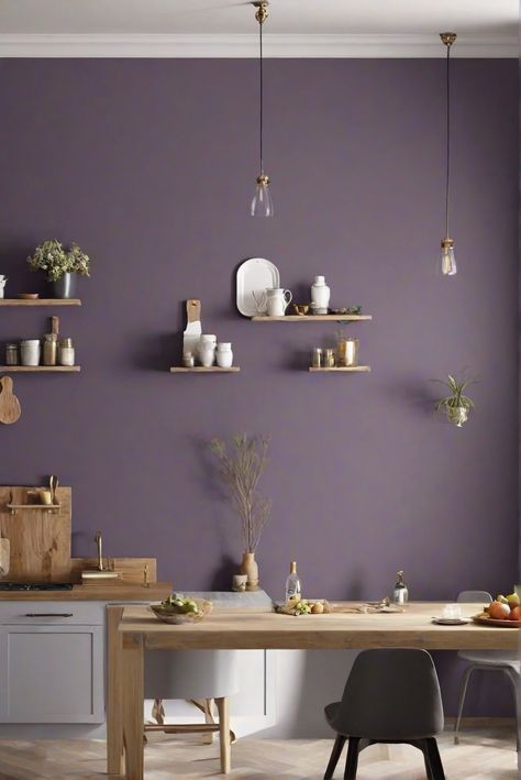 kitchen interior design, kitchen color scheme, kitchen decor ideas, modern kitchen design Trendy Bedroom Wall Colors, Subtle Purple Paint Colors, Purple Walls Kitchen, Lavender Kitchen Walls, Violet Bathroom Ideas, Lilac Wall Paint Bedrooms, Lavender Office Decor, Purple Aesthetic Living Rooms, Purple Painted Walls