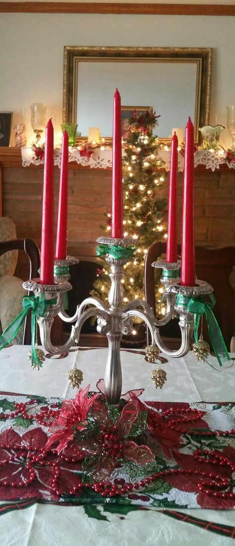 Christmas Candleabra Candelabra Christmas Centerpiece, Christmas Candleabras, Candleabras Centerpiece, Candle Obra, Christmas Candelabra, Candelabra Centerpiece, Tea Ideas, Christmas Table Centerpieces, Candle Wreaths