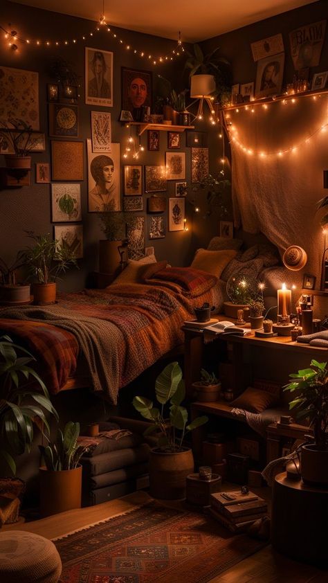 Room With Lights Aesthetic, String Light Bedroom Ideas, Mushroomcore Bedroom, Mushroomcore Room, Studio Apartment Lighting, Whimsical Bedroom Aesthetic, Room Inspo Hippie, Studio Flat Design, Rhianna Aesthetic