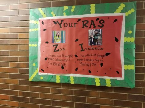 Watermelon meet your RAs ♡ #UORiley3rdfloor Ra Bulletins, Ra Bulletin Boards, Marley And Me, Bulletin Boards, Watermelon, Grapes, Fruit, Frame