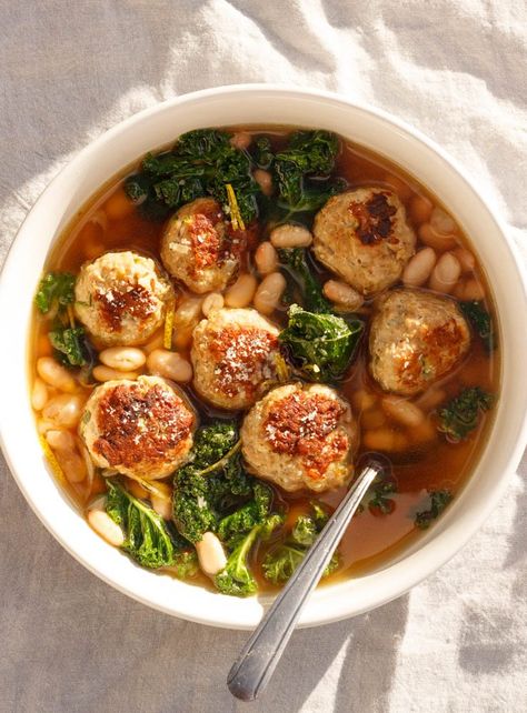 All Recipes — Amanda Frederickson Kale And Beans, Mini Turkey Meatballs, Kale And Bean Soup, Turkey Meatball Soup, Budget Dinners, Soup With Kale, Turkey Meatball, Delicious Soups, Meatball Soup