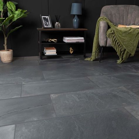 These Mahal Black Brushed Slate Tiles have a beautiful brushed finish and are made from natural slate. These slate tiles are extremely impenetrable enabling the slate to be lightly honed to give a brushed finish, which results in the slate tiles keeping a very subtle riven finish on the surface. Tile thickness may vary due to the natural undulation created when brushed.   What's special about these tiles? > Slate stone effect design > 8-12mm thick natural slate body > Perfect for a stylish naturalistic patio space > R11 anti-slip surface > Long lasting and frostproof   Sealing and maintenance Due to the porosity of natural stone, they do require sealing. They need to be given a few coats before grouting and a further coat after to ensure they are well-protected. To keep the tiles their nat Black Slate Floor, Grey Slate Tile, Black Slate Tiles, Slate Tiles, Slate Tile Floor, Black Floor Tiles, Grey Floor Tiles, Rectangle Tiles, Hallway Flooring