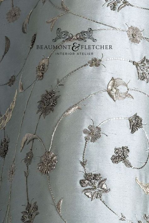 Inspired by the subtle designs found on Persian ceramics, Boccaccio has a beautiful botanical style consisting of concentric swirls of delicately hand embroidered flowers and leaves. Created entirely by hand, the design looks stunning on drapes and can be adapted to suit any interior project. . . . #embroiderydesign #coutureembroidery #couturefabric #couturefabrics #handembroidered #luxuryinterior #statementinteriors #luxeinteriors #botanicaldecor #beaumontandfletcher Couture Fabric, Haute Couture Embroidery, Luxury Home Accessories, Hand Embroidered Flowers, Couture Embroidery, Botanical Decor, Textile Fiber Art, Luxe Interiors, Embroidered Cushions