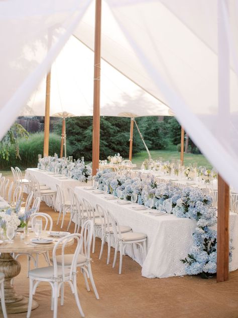 Sailcloth Tent with Blue & White Décor Powder Blue Wedding, Hamptons Wedding, Blue Wedding Inspiration, Light Blue Wedding, Hydrangeas Wedding, Blue White Decor, Cleveland Wedding, Floral Event Design, Wedding Inside