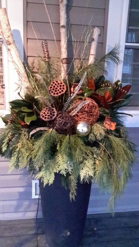 Simple Christmas Urns, Evergreen Arrangements, Winter Urns, Winter Patio, Christmas Window Boxes, Porch Pots, Outdoor Christmas Planters, Christmas Urns, Urn Arrangements