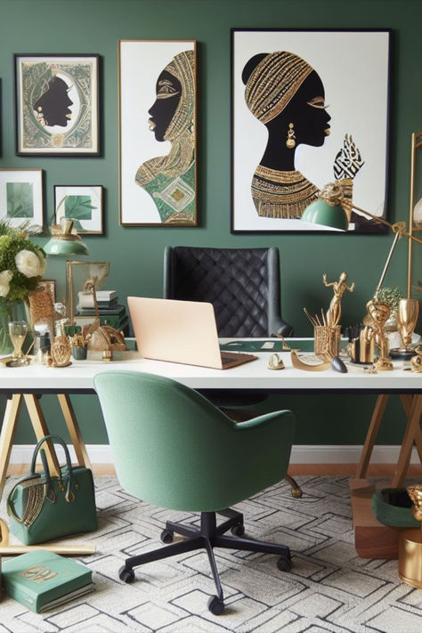 Infuse luxury into your small home office with a palette of emerald green, cream, and gold. This exquisite design maximizes space without sacrificing style, creating an inspiring environment for productivity. Emerald Green Office Decor, Green And Gold Office, Emerald Green Office, Green Office Ideas, Green Office Decor, Rose Gold Office Decor, Green Home Office, Offices Ideas, Green Home Offices