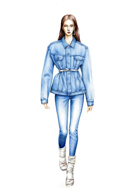 Fashion Illustrations on Behance Denim Dress Drawing, Denim Fashion Illustration Sketches, Denim Drawing Fashion Illustrations, Denim Illustration Sketch, Mankan Illustration, Denim Rendering, Denim Sketch, Denim Illustration, Denim Fashion Illustration