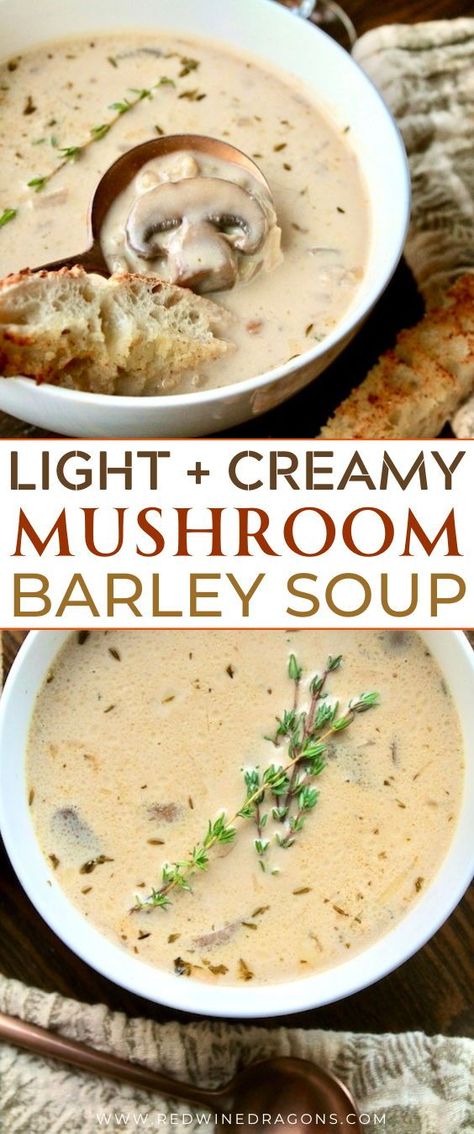 This easy mushroom barley soup is a quick and easy recipe that comes out hot and creamy in minutes as it simmers down in the pot to perfection! #instantpotsoup #mushroomsoup #mushroombarleysoup #instantpotmushroomsoup #creamymushroomsoup #easymushroomsoup One Pot Soup Easy, Mushroom Soup Creamy, Creamy Mushroom Barley Soup, Easy Cozy Soup Recipes, Mushroom Lunch Recipes, Nutritional Soup Recipes, Vegetarian Mushroom Soup, Campbell Cream Of Mushroom Soup Recipes, Best Soup Recipes Ever Homemade