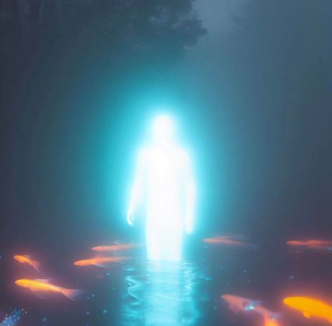 Glowing figure standing in a lake in the woods, fish swimming underneath Glowing Person, Lake In The Woods, Stoic Art, Create Your Own Reality, Mixtape Cover, Picture Boards, Eye Of The Storm, Fish Swimming, God Art