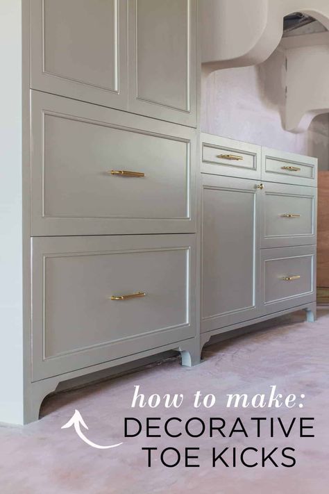 How to Add Decorative Toe Kicks to your Kitchen Cabinets - Jenna Sue Design Add Legs To Cabinet Bathroom Vanities, Kitchen Legs Cabinets, Add Legs To Kitchen Cabinets, Cabinet Veneer Kitchen, Legs For Cabinets, Frameless Euro Cabinets, End Of Builder Grade Cabinets, Add Feet To Bathroom Vanity, Feet On Kitchen Cabinets