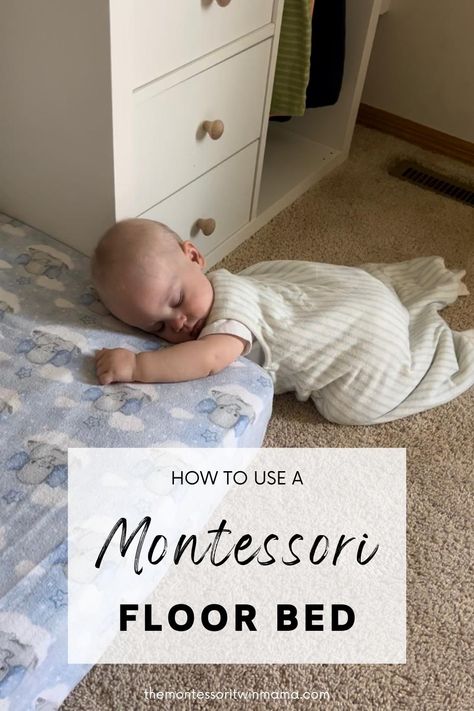 Using a Montessori floor bed with your infant, toddler and even twins is possible! You will want to know the meaning behind the Montessori floor bed! This post will share with you the reason Montessori recommends floor beds, answer some common questions and share with you my experience in using a Montessori floor bed with twins. Many people ask about falling off of the bed, the safety of a floor bed, and if it really works! I am here to say yes it does work and is a very safe option! Twin Mattress Floor Bed, Montessory Floor Bed, Toddler Floor Mattress, Infant Floor Bed Montessori, Montessori Bedroom Baby Infant Room Floor Beds, Twin Bed Floor Ideas, Montessori Bed Hack, Montessori Bedroom Floor Bed, Headboard For Floor Bed