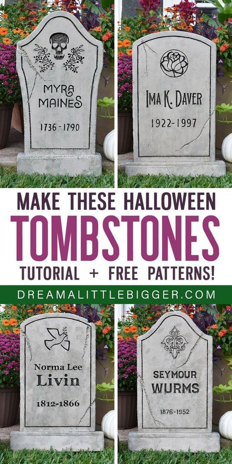 Halloween Tombstones Diy, Halloween Headstone, Tombstone Diy, Halloween Gravestones, Dekorasi Halloween, Scary Halloween Decorations Diy, Halloween Diy Outdoor, Halloween Outside, Halloween Props Diy